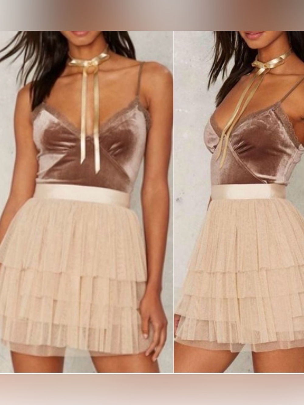 Nasty Gal Champagne Glitter Tiered Tulle Skater Skirt